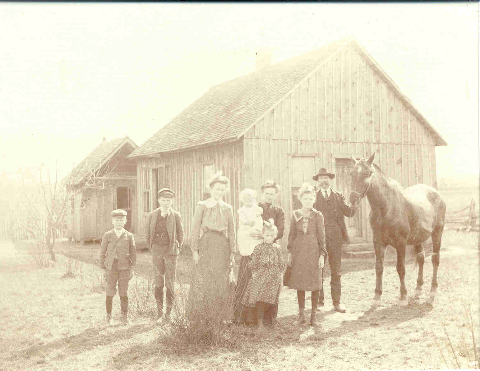 photograph portrays a rural american family and their horse!